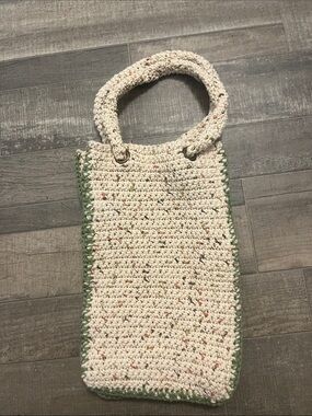 Cream Crochet Tote with Green Trim - Handwoven Everyday Bag
